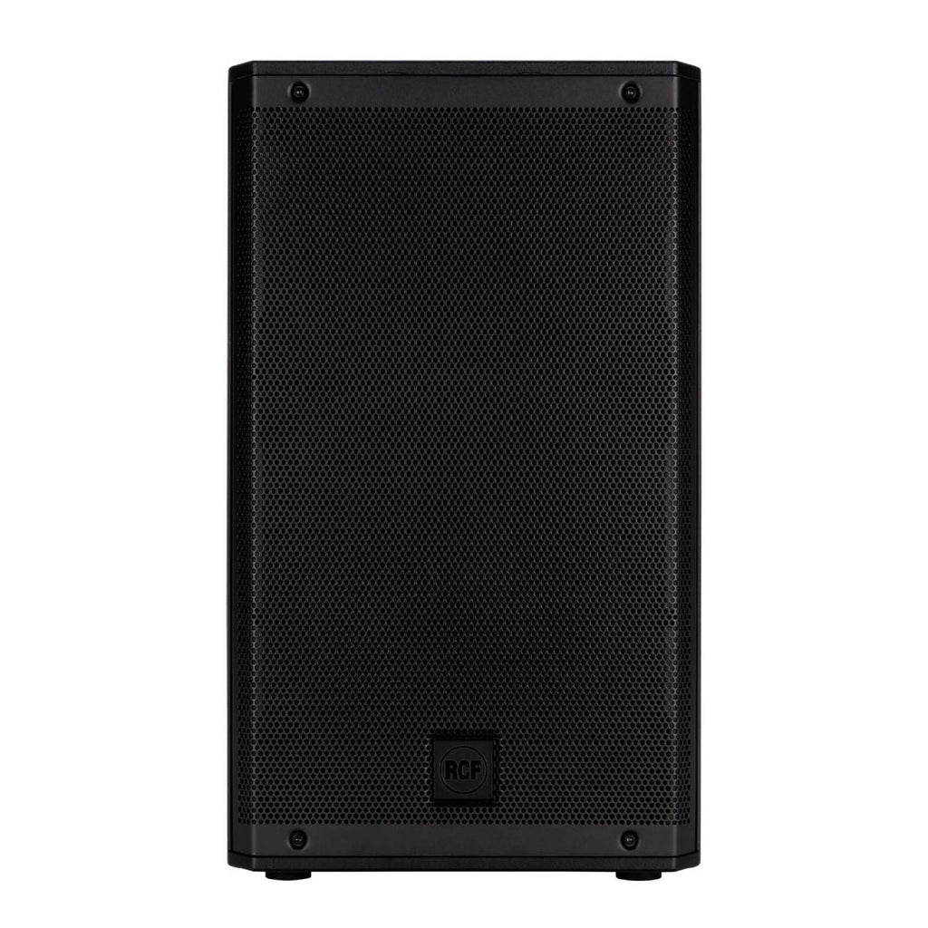RCF ART 910-A 2100W 10-inch powered PA speaker showing a black speaker with control panel and sturdy stand mount