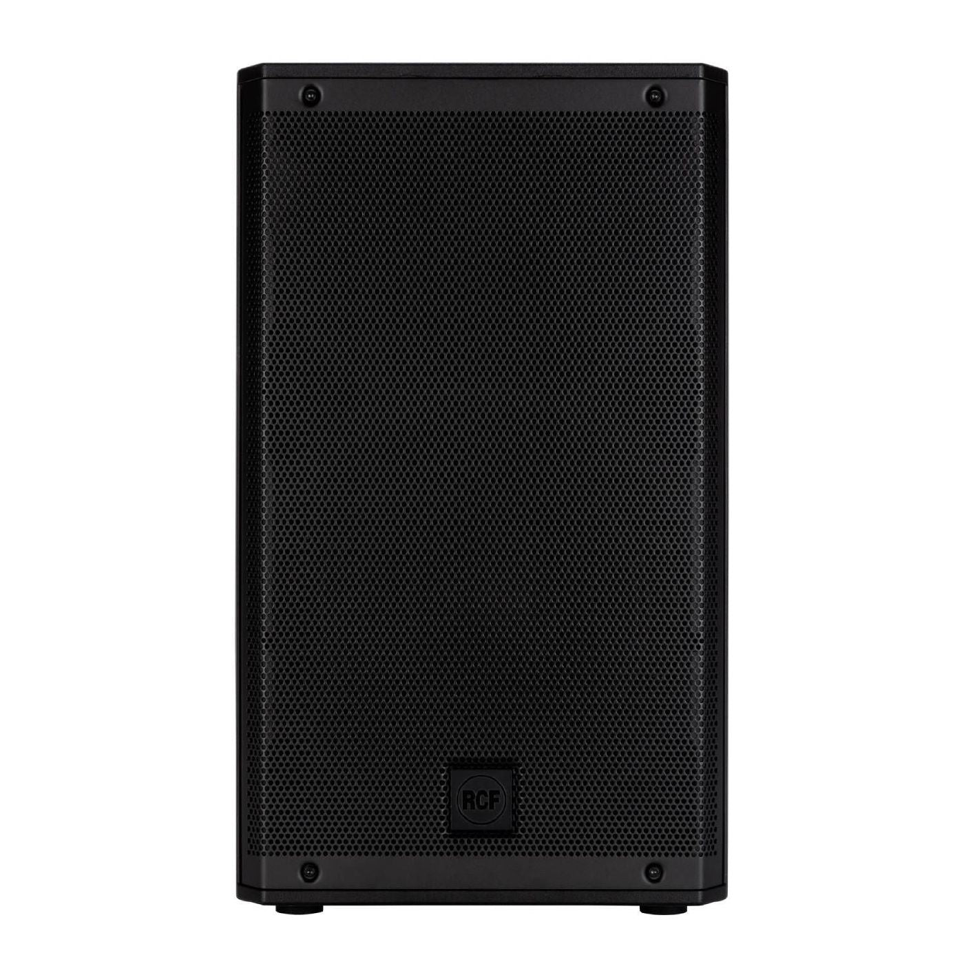 RCF ART 910-A 2100W 10-inch powered PA speaker showing a black speaker with control panel and sturdy stand mount