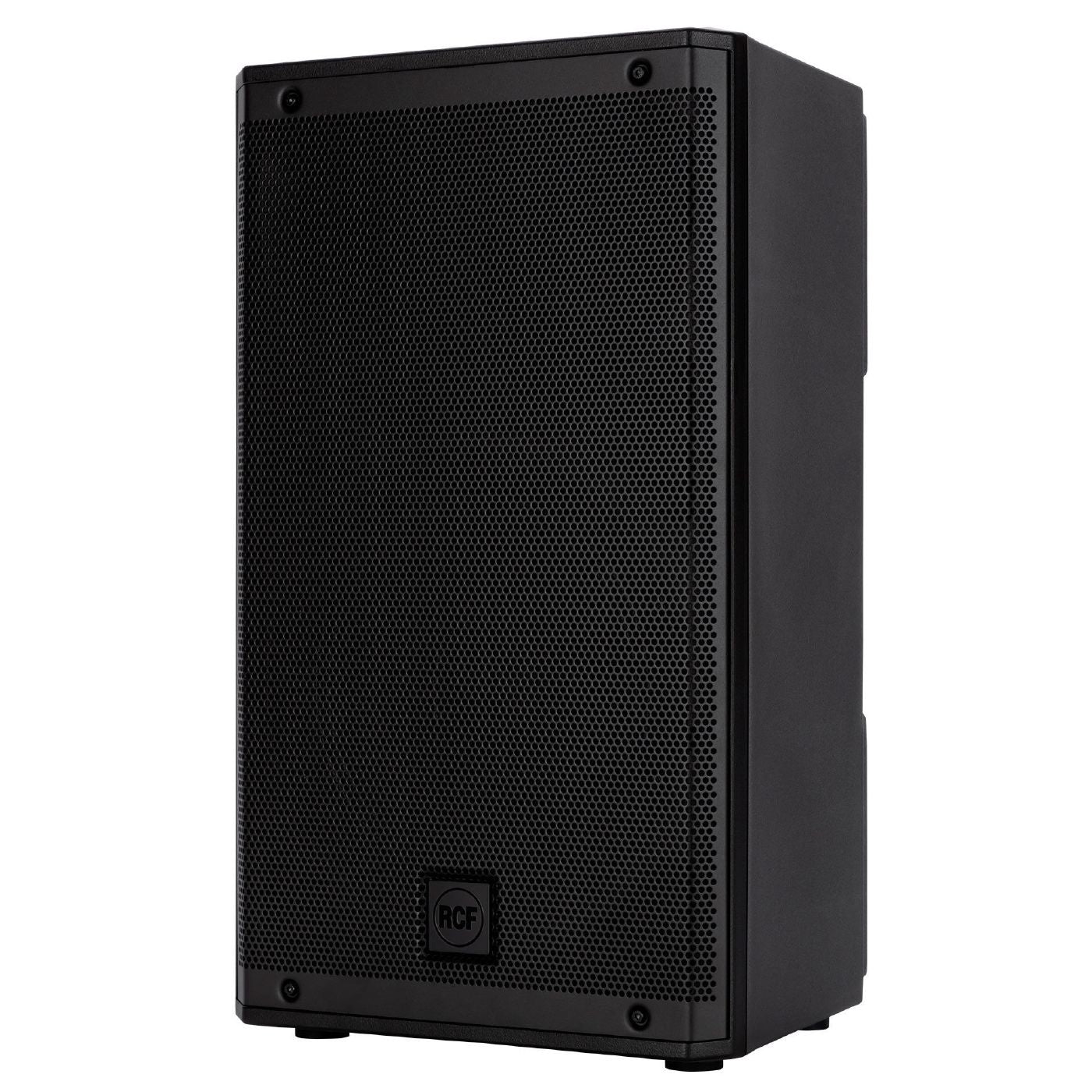 RCF ART 910-A powered PA speaker with 10-inch driver and 2100W output, shown with front grille and control panel.
