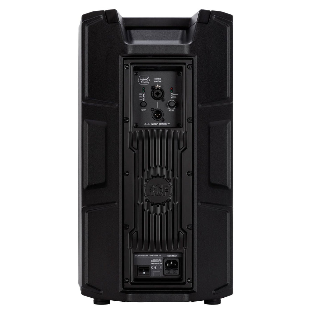 RCF ART 910-A powered PA speaker with 10-inch woofer and 2100W amplifier, shown from a front angle with control panel.
