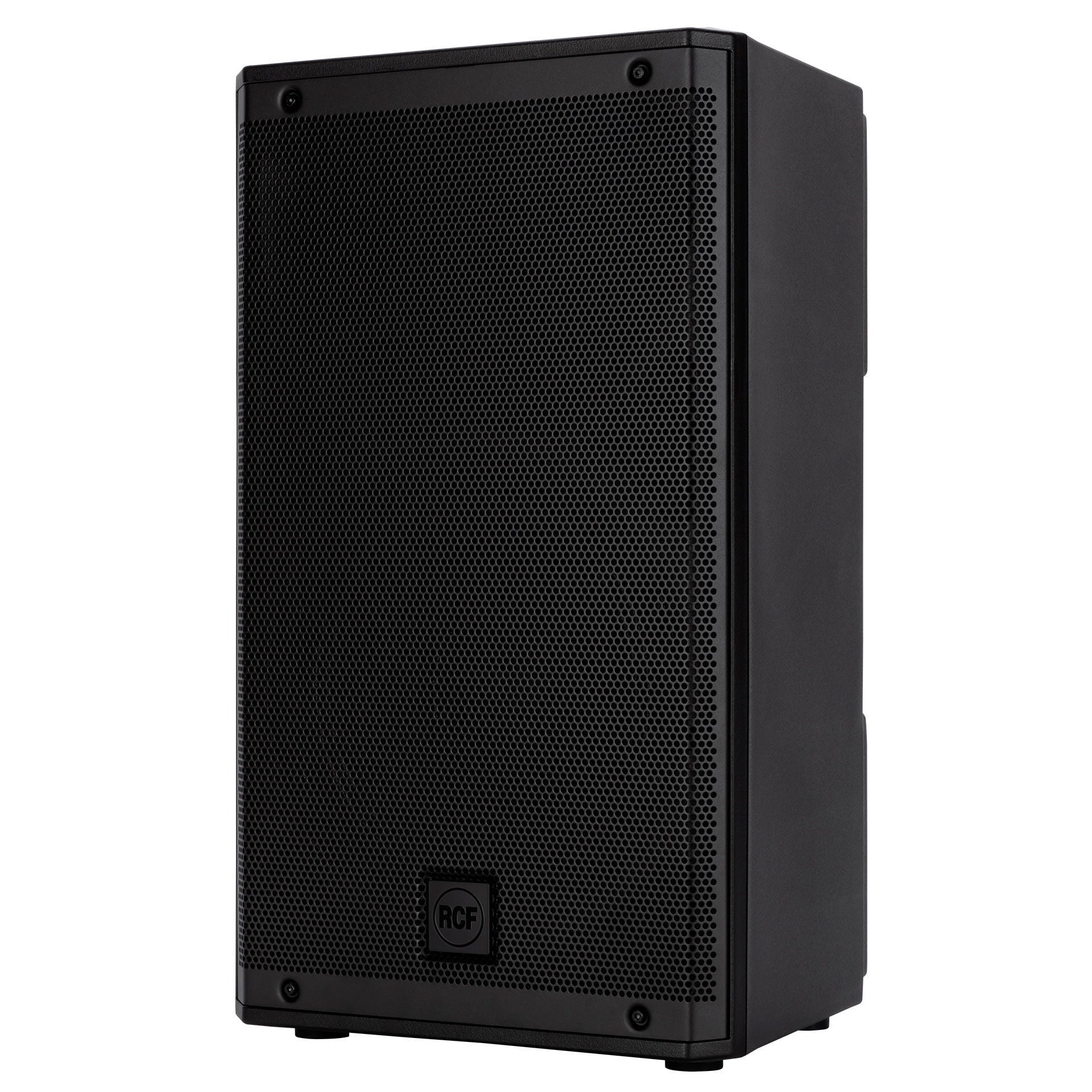 RCF ART 910-A powered PA speaker with 10-inch driver and 2100W output, shown in a professional audio setup.