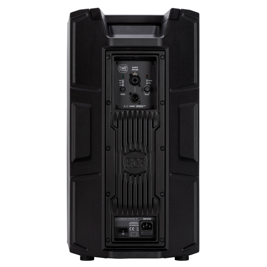 RCF ART 910-A 2100W powered 10-inch PA speaker showing the sleek black enclosure with control panel and speaker grille.