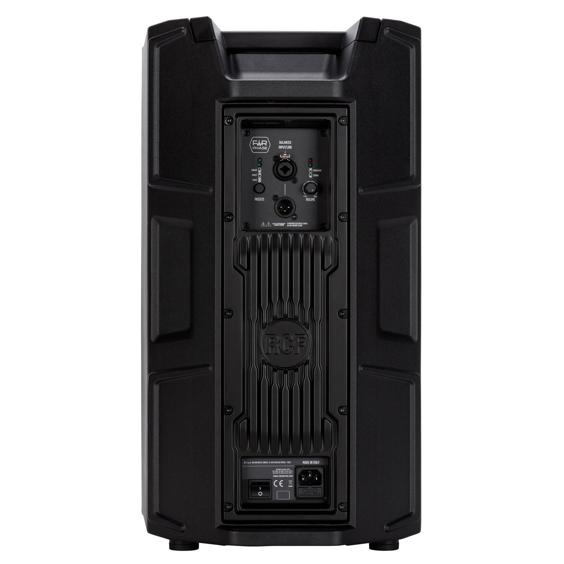 RCF ART 910-A 2100W powered 10-inch PA speaker showing the sleek black enclosure with control panel and speaker grille.