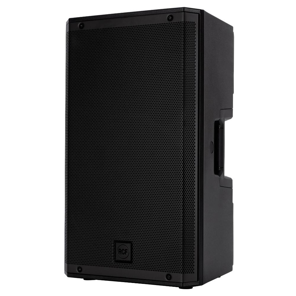 RCF ART 912-AX powered PA speaker with 2100W, DSP, and Bluetooth, showing the sleek black speaker with control panel and grille.