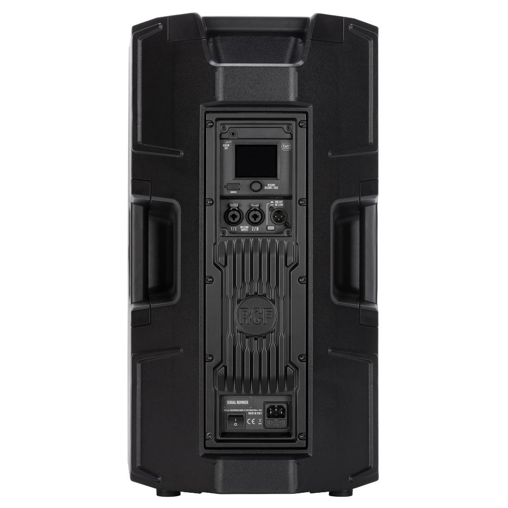 RCF ART 912-AX powered PA speaker with DSP and Bluetooth, showing a sleek black cabinet with control panel and handles.