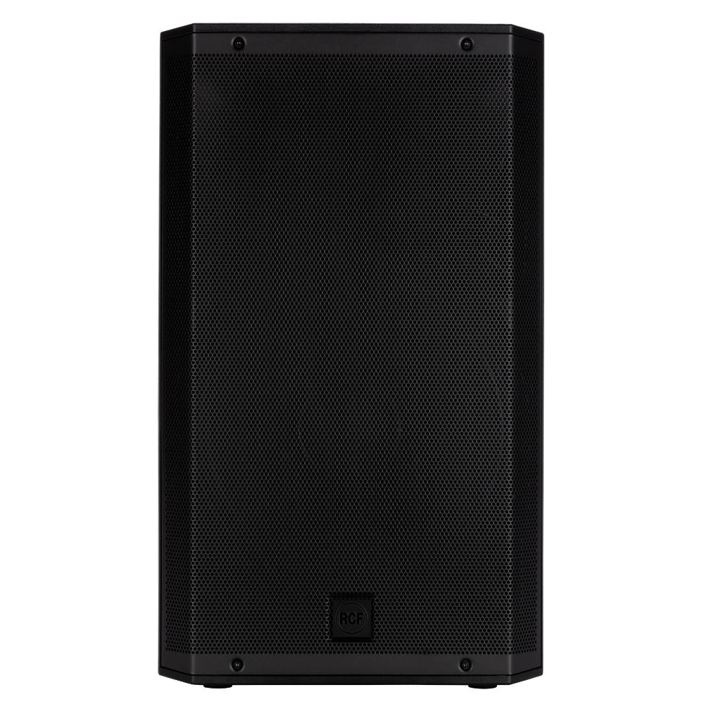 RCF ART945A powered PA speaker with 15-inch woofer and 4-inch horn, showcasing its sleek black design and control panel.