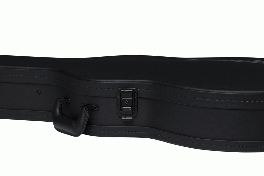 Gibson ES-335 modern electric guitar in a hardshell case, showing the sturdy black guitar bag with handle and zipper closure.