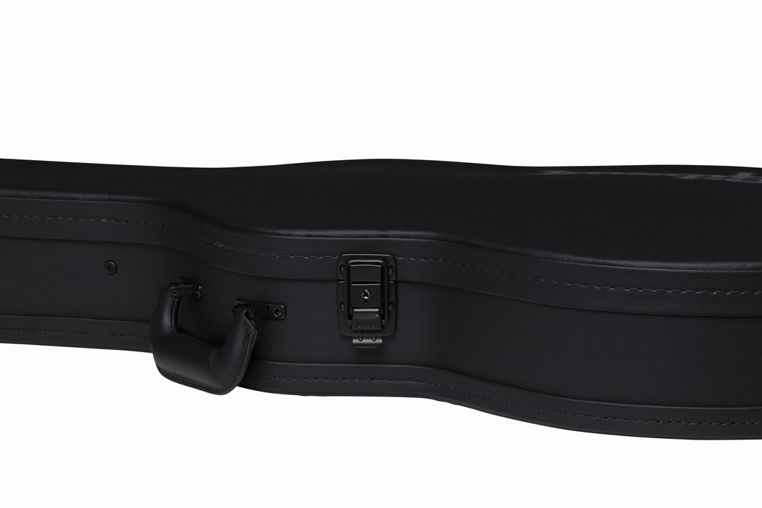 Gibson ES-335 modern electric guitar in a hardshell case, showing the sturdy black guitar bag with handle and zipper closure.