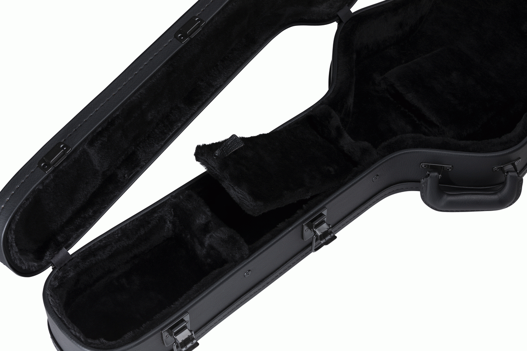 Gibson ES-335 modern electric guitar hardshell case with black exterior and sturdy handle, designed for secure guitar protection.