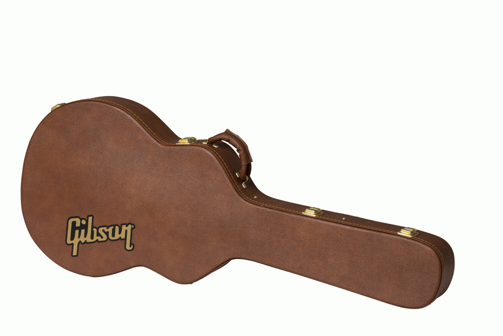 Gibson ES-335 electric guitar in a hardshell case, showcasing the sturdy, padded Gibson guitar bag for secure storage.
