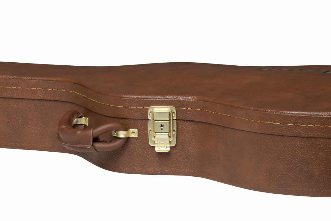 Gibson ES-335 original electric guitar hardshell case, sturdy black guitar bag with logo and secure handle for guitar storage.