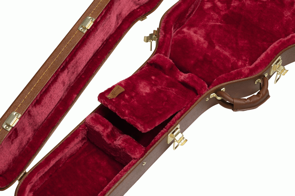 Gibson ES-339 electric guitar in a Gibson hardshell case, showcasing the case's exterior and secure interior padding.