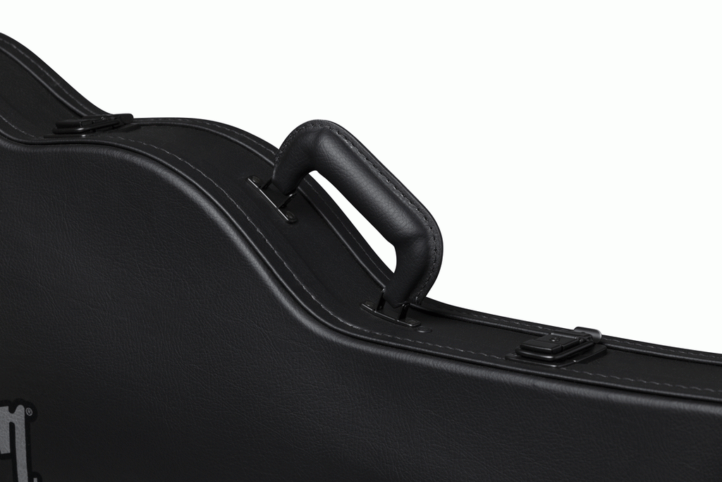Gibson SG Bass electric guitar in a black hardshell case, showcasing the sturdy exterior and protective interior padding.