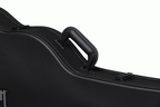Gibson SG Bass electric guitar in a black hardshell case, showcasing the sturdy exterior and protective interior padding.