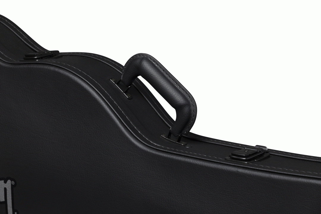 Gibson SG Bass electric guitar in a black hardshell case, showcasing the sturdy exterior and protective interior padding.
