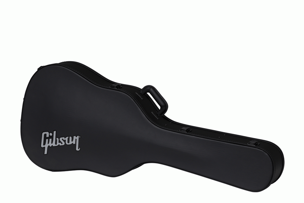 Gibson dreadnought modern acoustic guitar hardshell case with black exterior and sturdy handle, designed for guitar protection.