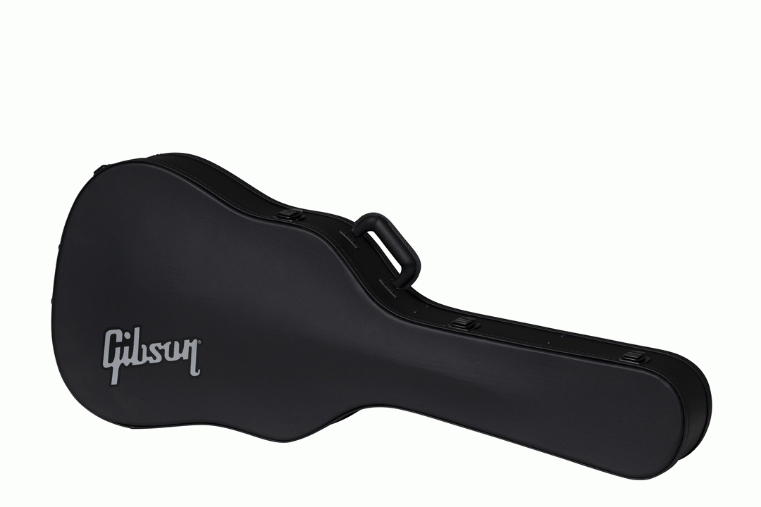 Gibson dreadnought modern acoustic guitar hardshell case with black exterior and sturdy handle, designed for guitar protection.