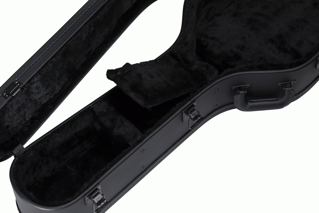 Gibson dreadnought modern acoustic guitar hardshell case with padded interior and sturdy black exterior for protection.