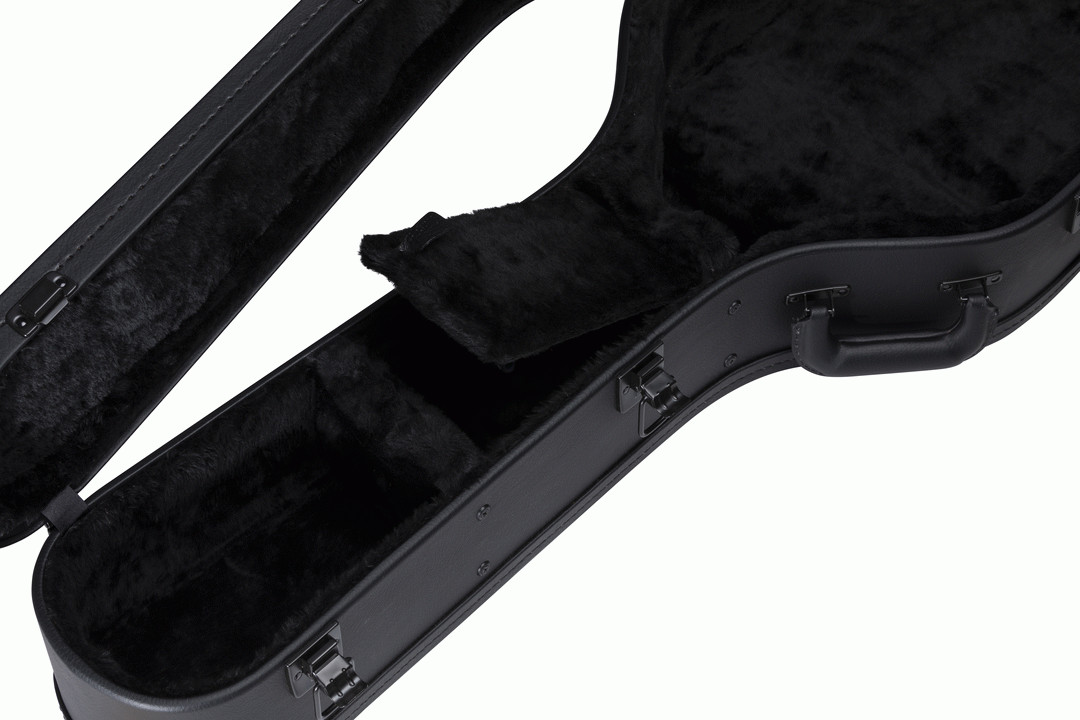 Gibson dreadnought modern acoustic guitar hardshell case with padded interior and sturdy black exterior for protection.