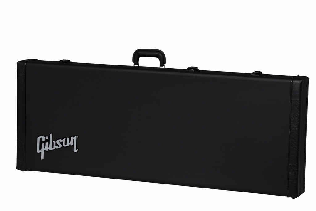 Gibson Explorer modern electric guitar hardshell case with padded interior and sturdy black exterior for secure protection.