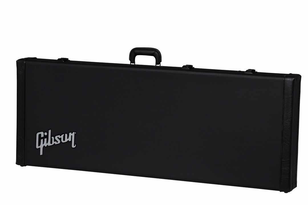 Gibson Explorer modern electric guitar hardshell case with padded interior and sturdy black exterior for secure protection.