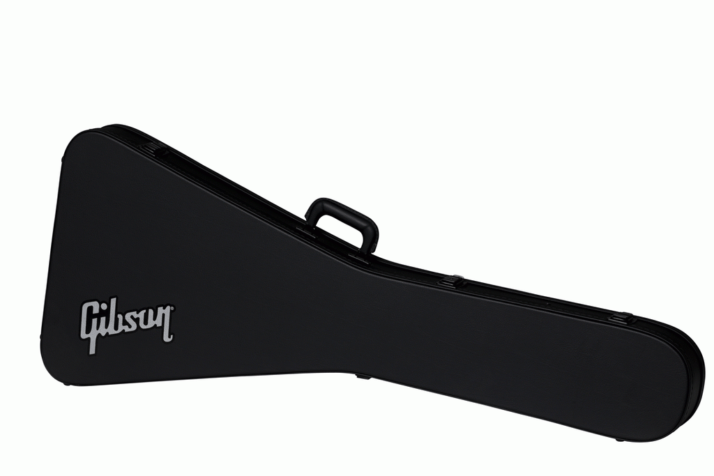 Gibson Flying V modern electric guitar in a hardshell case, showing the black protective exterior and handle for guitar storage.