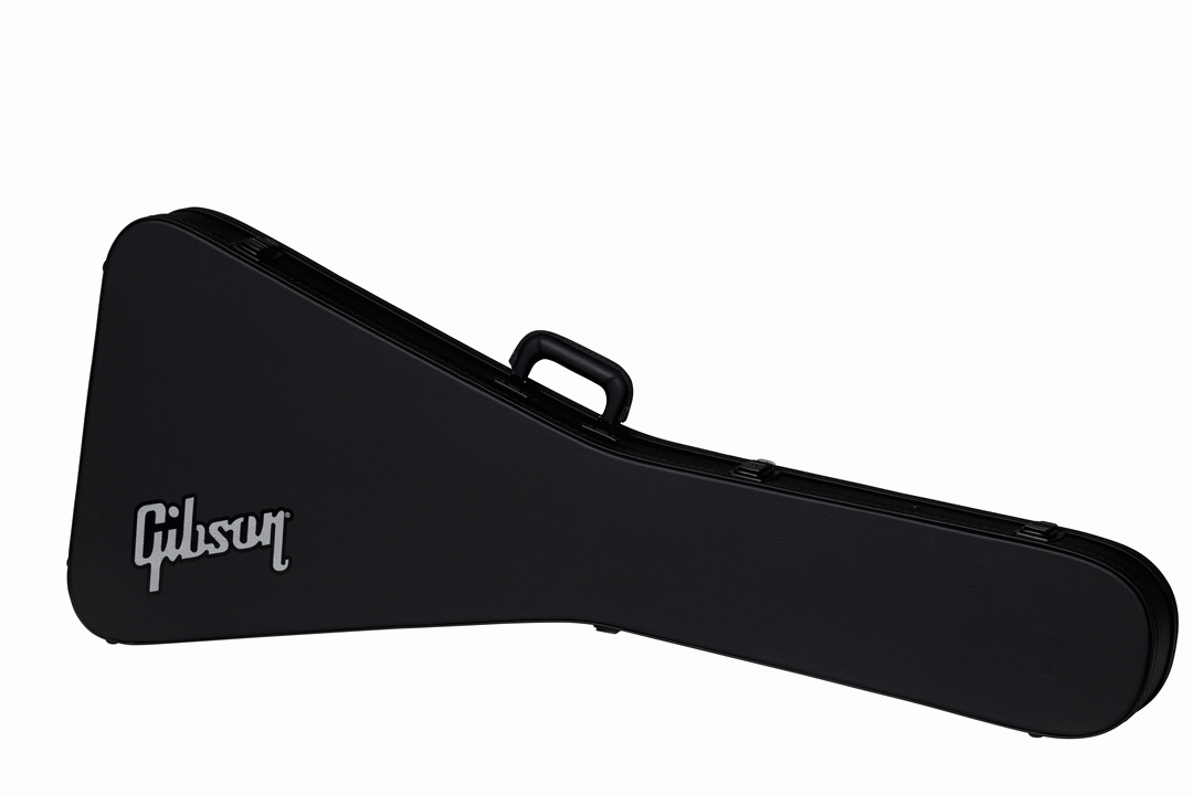 Gibson Flying V modern electric guitar in a hardshell case, showing the black protective exterior and handle for guitar storage.