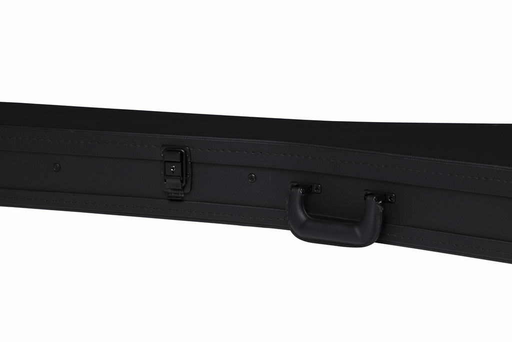 Gibson Flying V modern electric guitar in hardshell case with black exterior and handle, showcasing protective guitar storage.