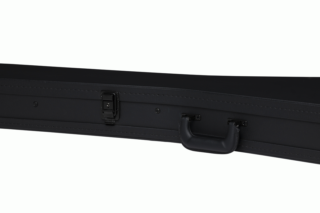 Gibson Flying V modern electric guitar in hardshell case with black exterior and handle, showcasing protective guitar storage.