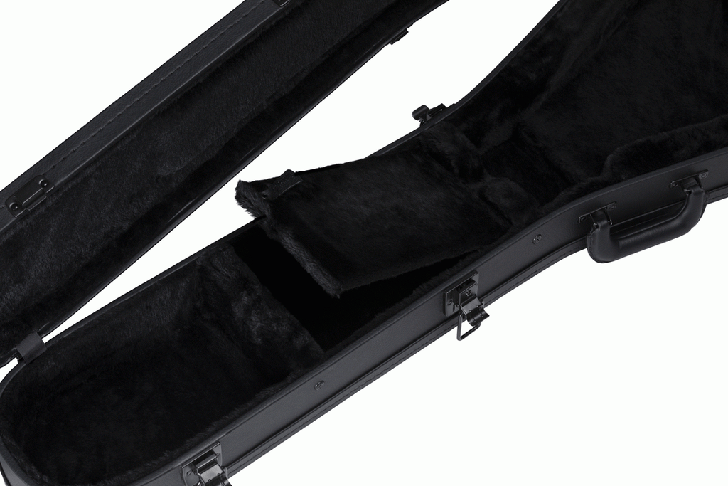 Gibson Flying V modern electric guitar in hardshell case, showing the black Gibson guitar bag with padded interior and secure zipper.