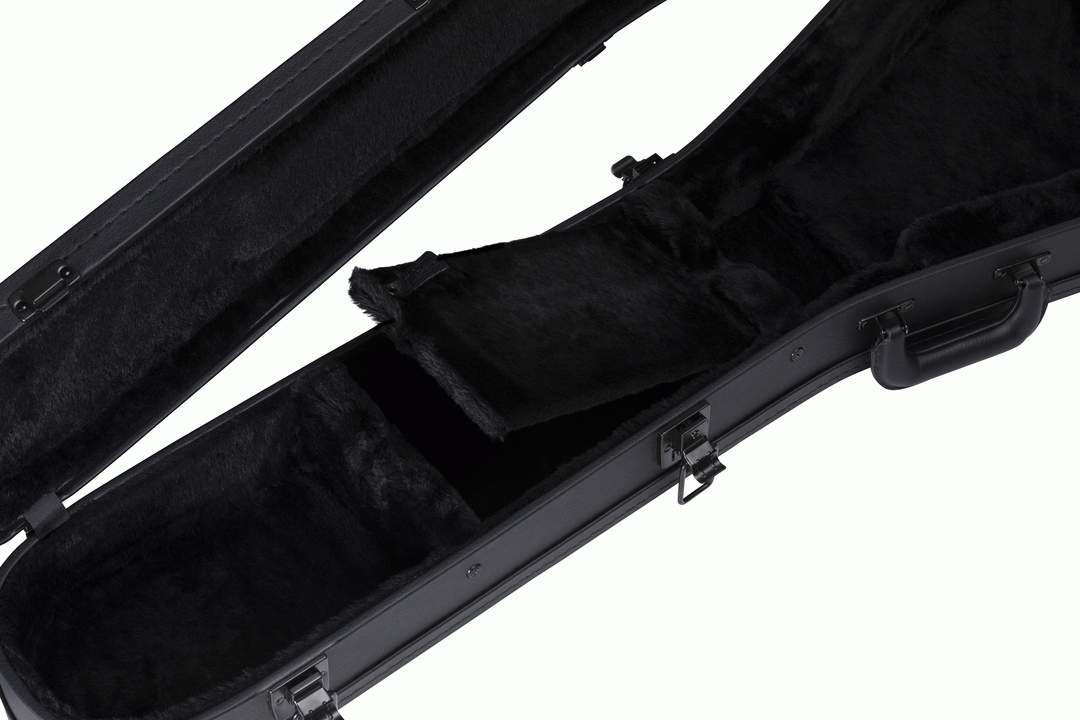 Gibson Flying V modern electric guitar in hardshell case, showing the black Gibson guitar bag with padded interior and secure zipper.