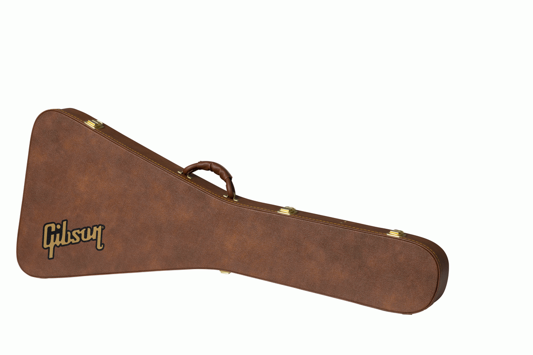 Gibson Flying V electric guitar hardshell case with black exterior and padded interior, designed for secure guitar storage and transport.