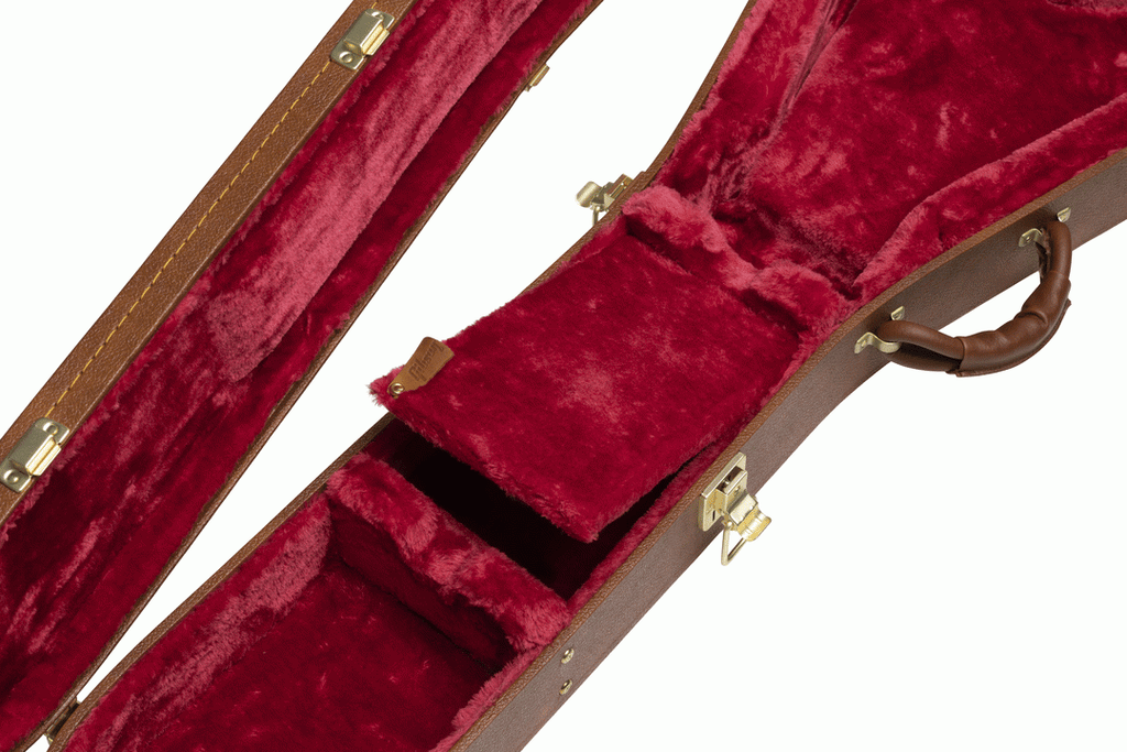 Gibson Flying V Original electric guitar hardshell case with black exterior and sturdy handle for secure transportation.