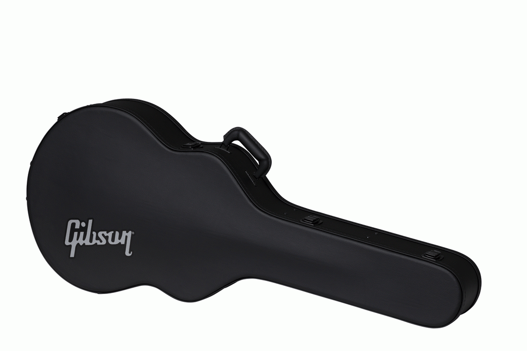 Gibson J185 modern acoustic guitar hardshell case showing a black, padded exterior with Gibson branding and secure latches.