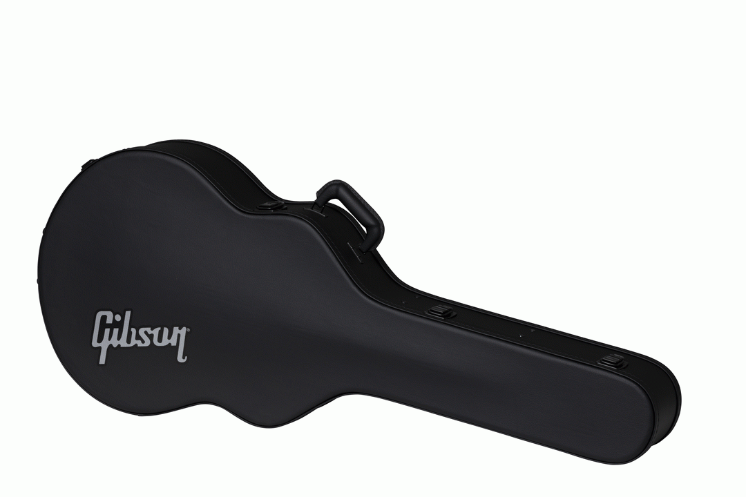 Gibson J185 modern acoustic guitar hardshell case showing a black, padded exterior with Gibson branding and secure latches.