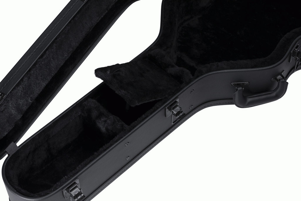 Gibson J185 modern acoustic guitar hardshell case open, showing interior padding and secure fit for guitar protection.