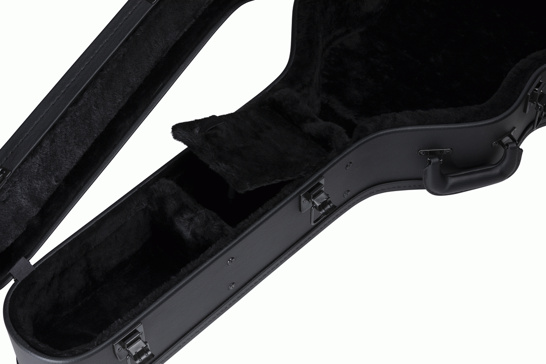 Gibson J185 modern acoustic guitar hardshell case open, showing interior padding and secure fit for guitar protection.