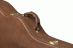 Gibson J185 acoustic guitar in a hardshell case, showing the padded interior and sturdy exterior for protection.