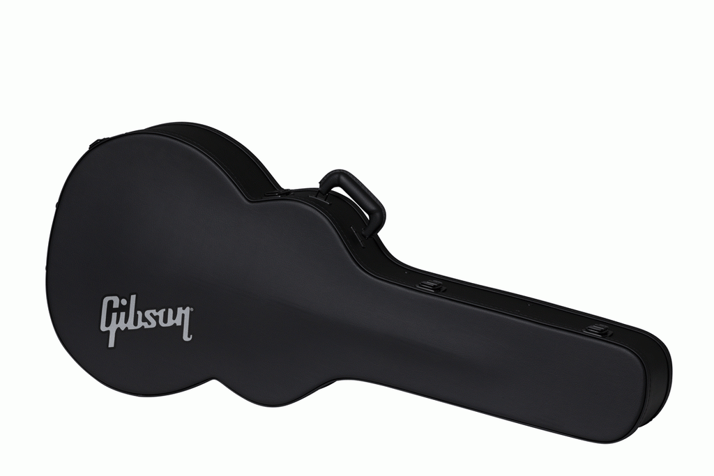 Gibson SJ200 modern acoustic guitar in a hardshell case, showing the sturdy black protective exterior and interior padding.
