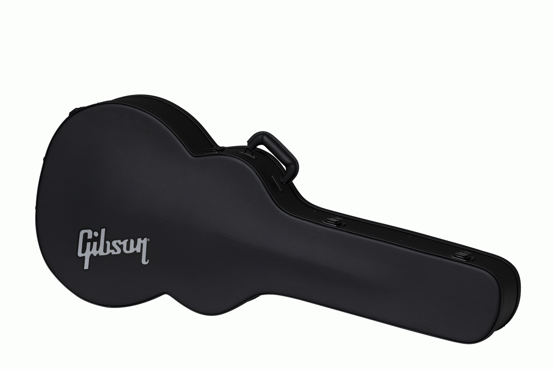Gibson SJ200 modern acoustic guitar in a hardshell case, showing the sturdy black protective exterior and interior padding.