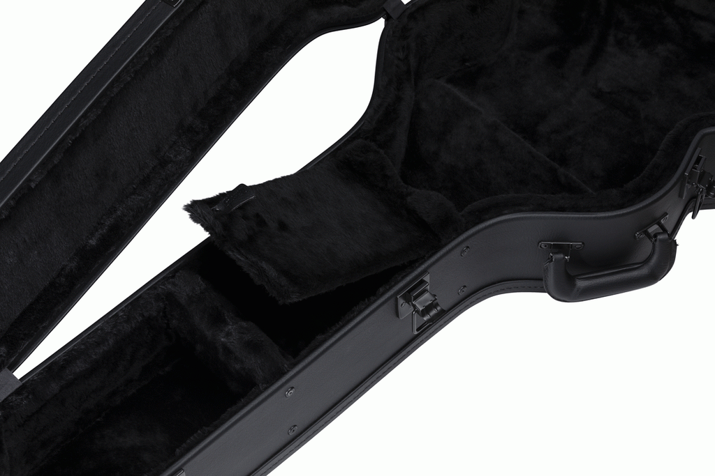 Gibson SJ200 modern acoustic guitar hardshell case open showing padded interior and secure latches for guitar protection.