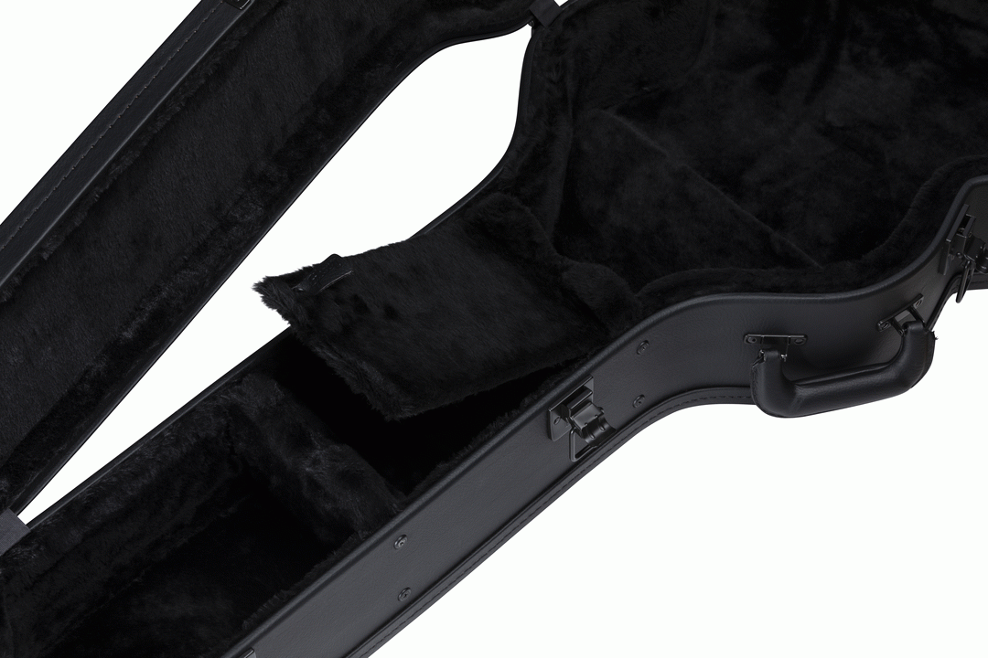 Gibson SJ200 modern acoustic guitar hardshell case open showing padded interior and secure latches for guitar protection.