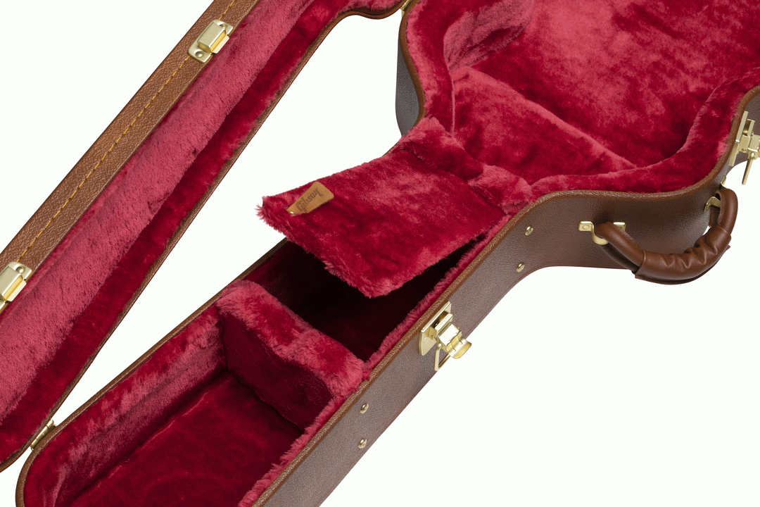 Gibson small body acoustic guitar hardshell case with padded interior and sturdy exterior for protection and secure fit.