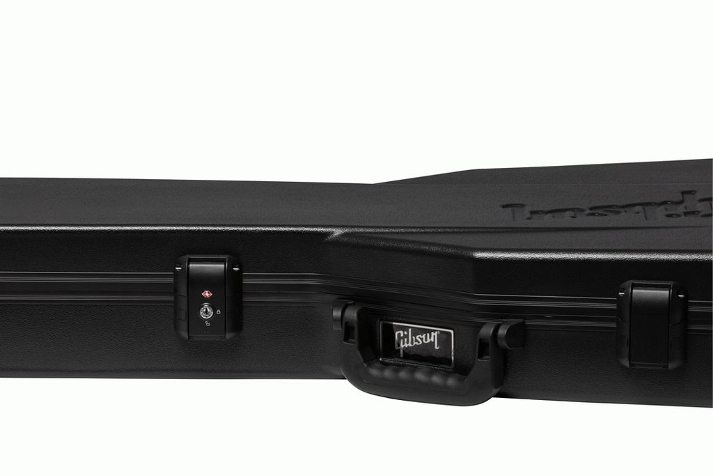 Gibson Deluxe Protector electric guitar case for Les Paul, black hard case with handle and secure latches, designed for guitar protection.