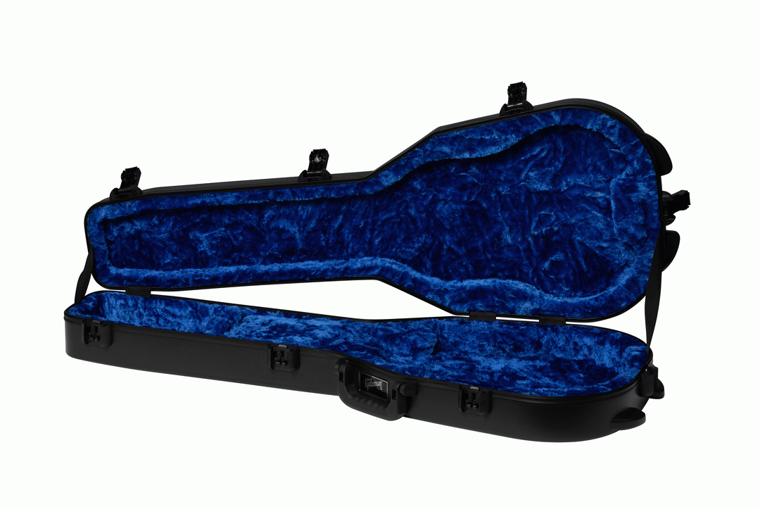 Gibson Deluxe Protector electric guitar case for Les Paul, sturdy black guitar bag with padded interior and secure straps.