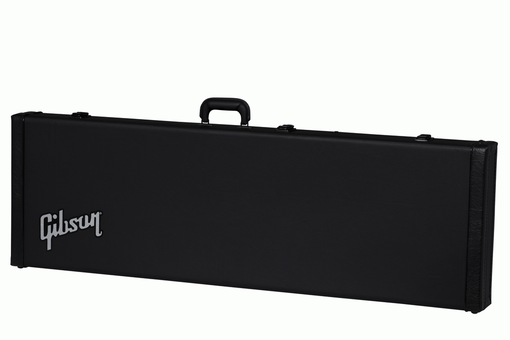 Gibson Thunderbird electric guitar in hardshell case, black exterior, padded interior, secure latches, designed for guitar protection