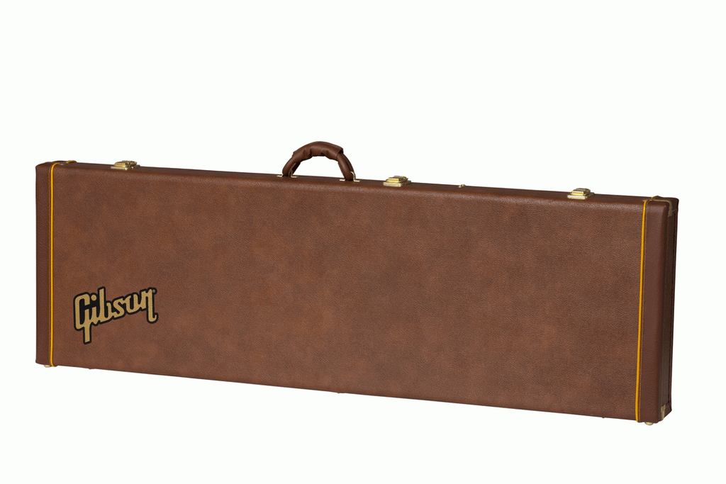 Gibson Thunderbird modern electric guitar in a hardshell case, showing the sturdy black exterior and padded interior for protection.