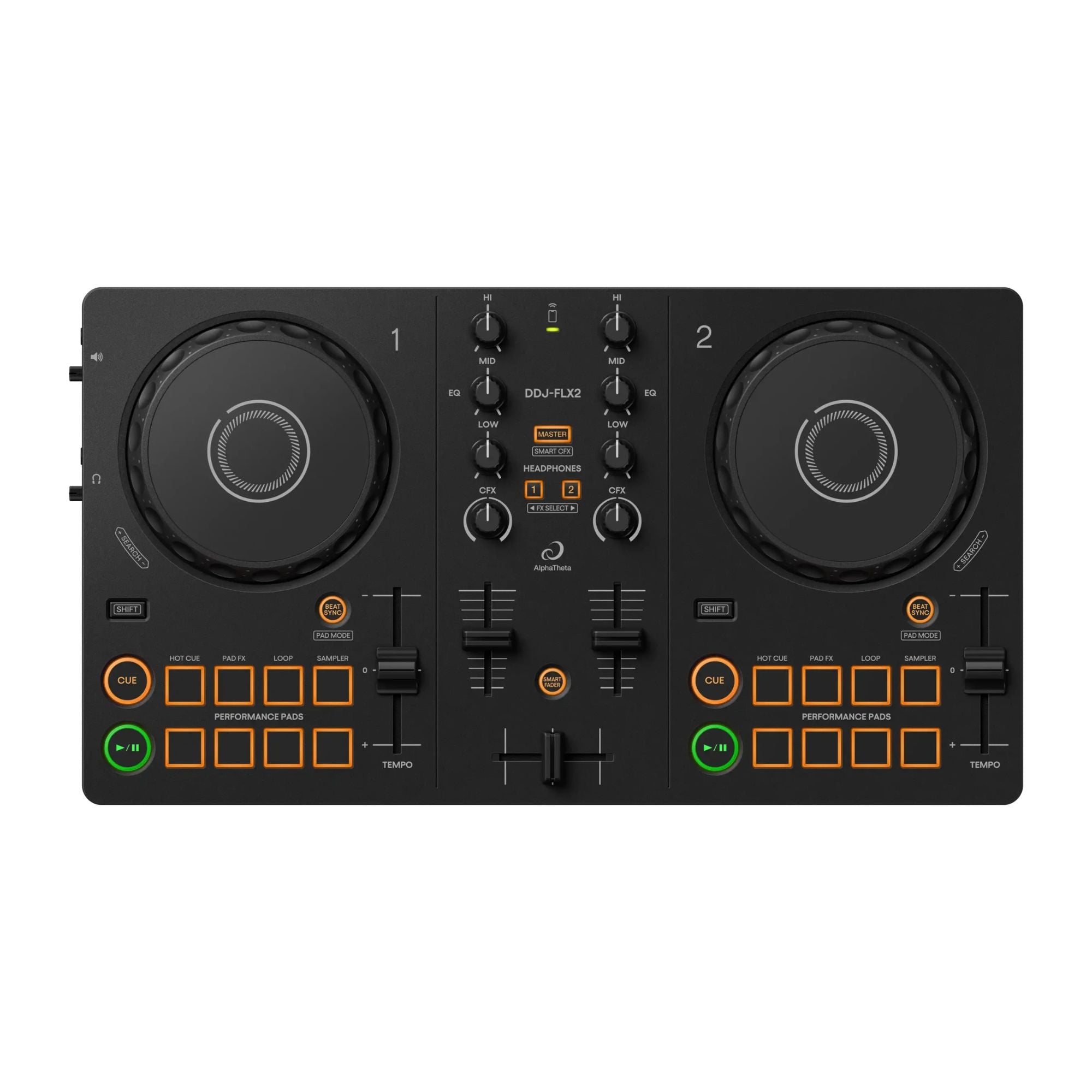 AlphaTheta DDJ-FLX2 compact 2-channel DJ controller with jog wheels, mixer, and control knobs for professional DJ setup.
