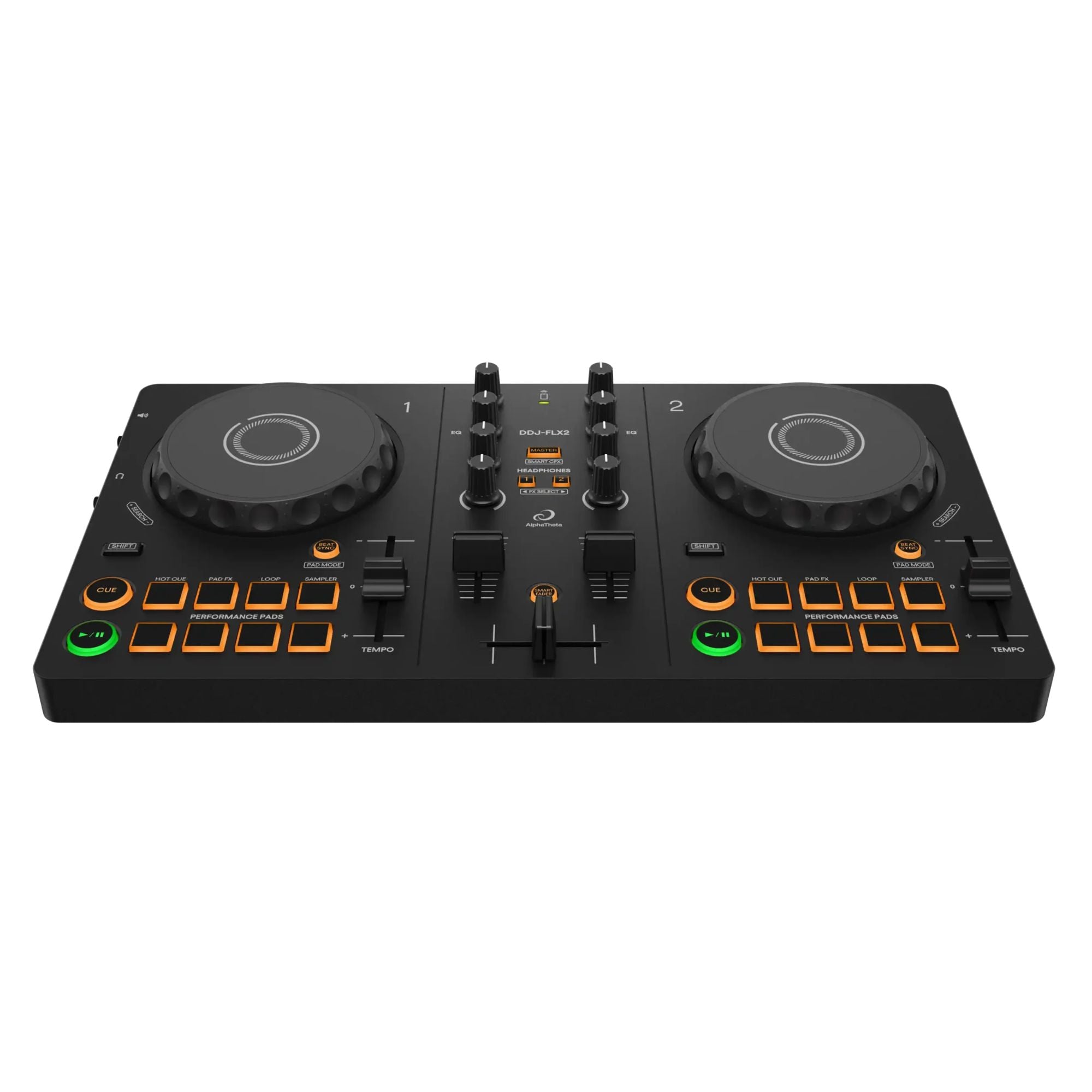 AlphaTheta DDJ-FLX2 compact 2-channel DJ controller with jog wheels, mix controls, and connectivity for DJing.