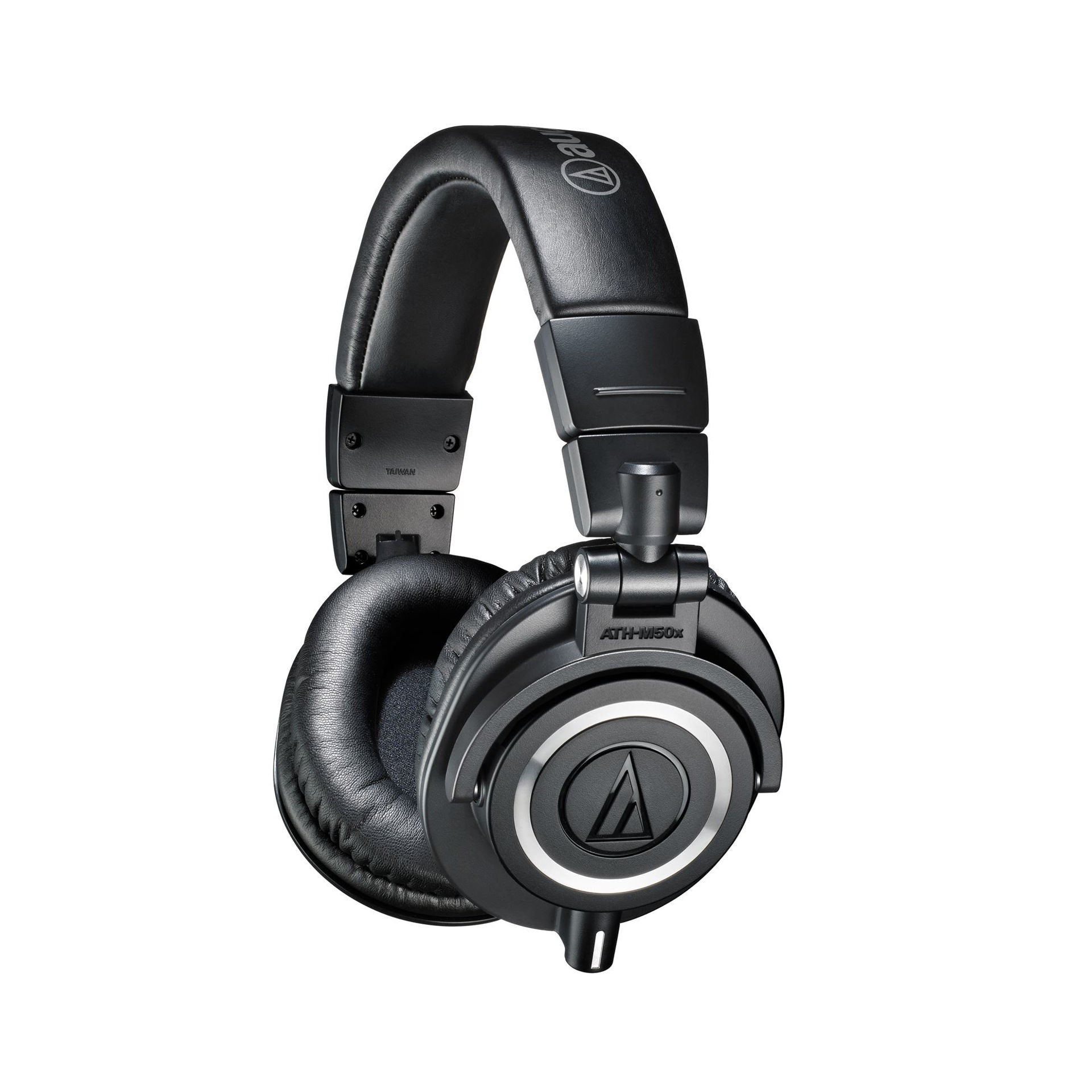 Audio Technica M50X studio monitoring headphones in black, closed-back design with over-ear cushions for professional sound.